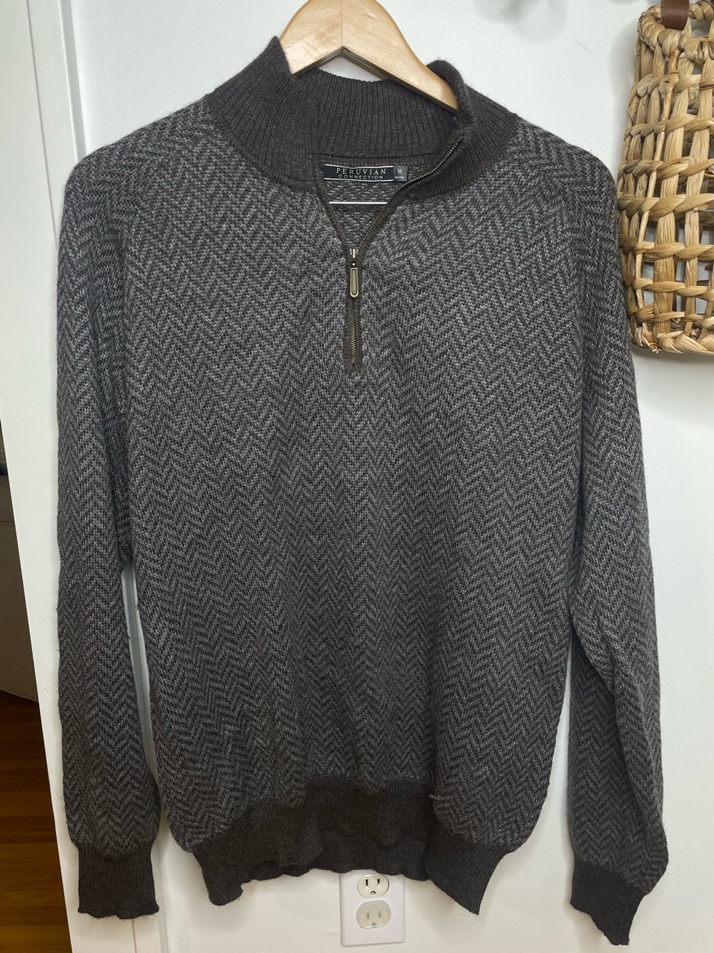 Peruvian Connection Men's Brown Herringbone Half-Zip Sweater